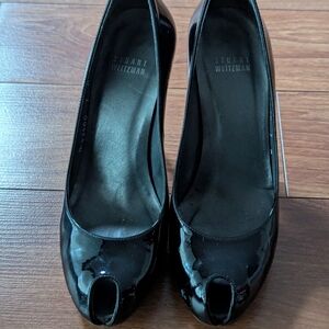 Stuart Weitzman Glossy Black Peep Toe Heels